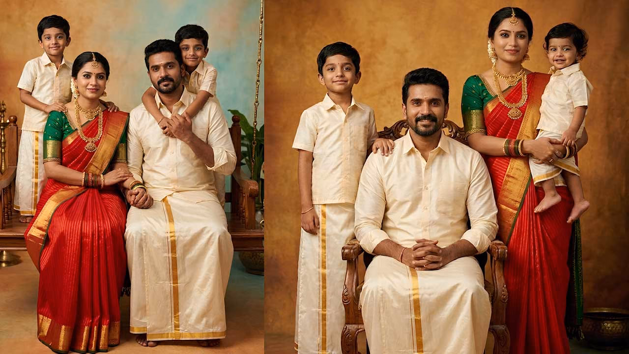 AI Studio Portrait Prompt for Traditional Indian Family Look (Pattu Veshti & Saree, 4K Realistic Style)